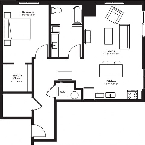 Floor plan for 1 bed, 1 bath, 951 sqft